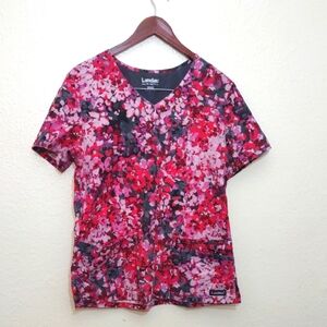 USED SCRUB TOP LANDAU MADE BETTER SIZE M SPLAT PATTERN PINK, PURPLE, GRAY, RED